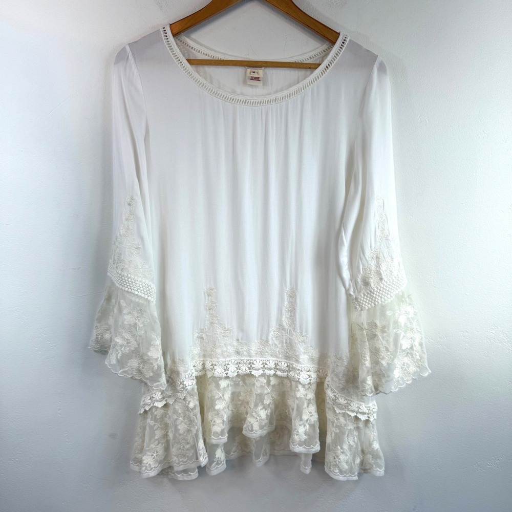 Sundance Embroidered Lace Tunic Blouse Ivory Boho Bell Sleeve‎ Fairy Romantic M